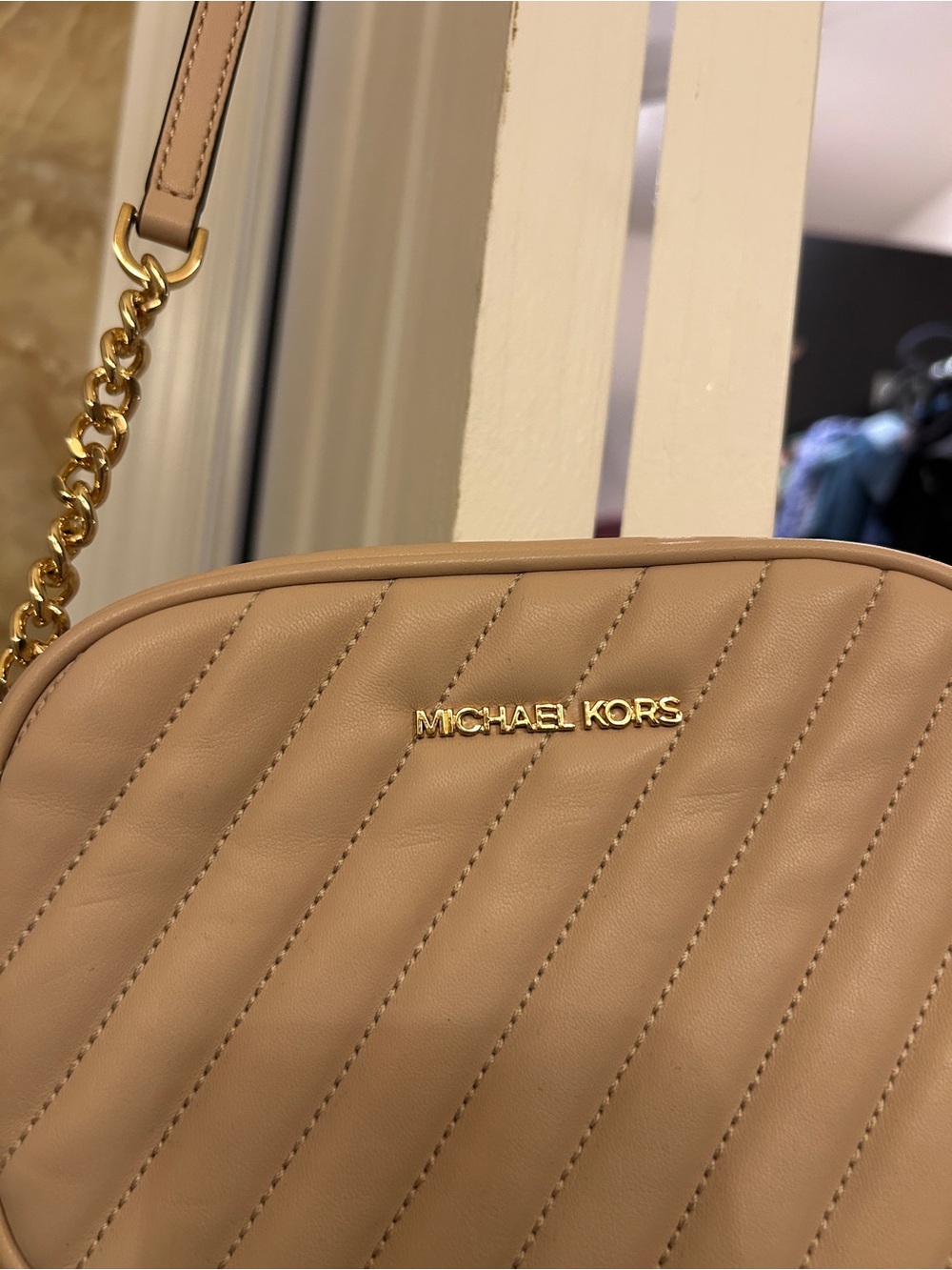 Michael Kors Quilted Leather Crossbody in Taupe with Gold Hardware